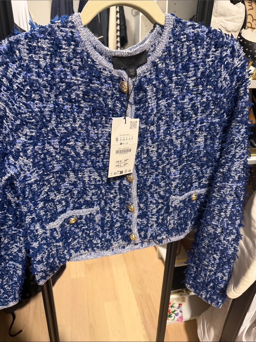 Zara Blue Bouclé Cropped Blazer with Gold Buttons
